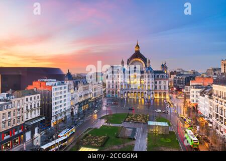 Antwerp, Belgium cityscape at Centraal Railway Station from night till dawn. Stock Photo