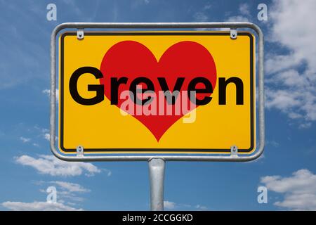 Ortstafel Greven, Nordrhein-Westfalen, Deutschland | Place name sign Greven, North Rhine-Westphalia, Germany, Europe Stock Photo