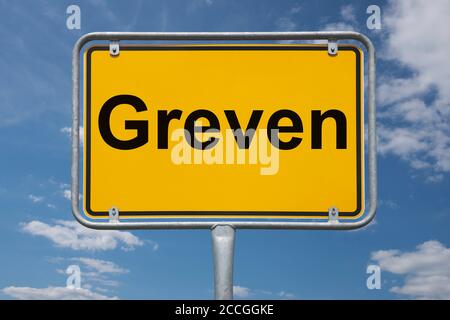 Ortstafel Greven, Nordrhein-Westfalen, Deutschland | Place name sign Greven, North Rhine-Westphalia, Germany, Europe Stock Photo