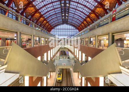 ANTWERP, BELGIUM - MARCH 5, 2020: Antwerpen-Centraal Railway Station main hall dating from 1905.