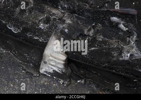 Boulder Creek, United States. 22nd Aug, 2020. The remains of a burnt home and bicycle in Boulder Creek, California as the CZU Lightning Complex fire continues to burn well into its fourth day with more than 50,000 acres torched, more than 100 structures destroyed and more than 75,000 people evacuated across two counties on Friday, August 21, 2020. Photo by Peter DaSilva/UPI Credit: UPI/Alamy Live News Stock Photo