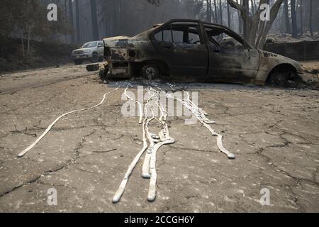 Boulder Creek, United States. 22nd Aug, 2020. The remains of a burnt vehicle in Boulder Creek, California as the CZU Lightning Complex fire continues to burn well into its fourth day with more than 50,000 acres torched, more than 100 structures destroyed and more than 75,000 people evacuated across two counties on Friday, August 21, 2020. Photo by Peter DaSilva/UPI Credit: UPI/Alamy Live News Stock Photo