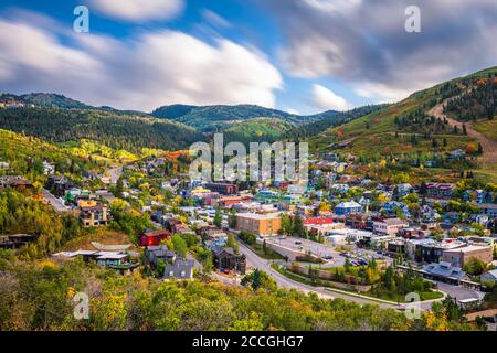 Park City, Utah, USA downtown in autumn at dusk. Stock Photo