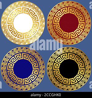 Set of Gold circle Greek ornament, Meander pattern, on black, white, red and blue background Stock Vector