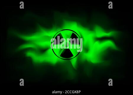 Radiation sign on background of polluted green fog.The spread radioactive contamination nuclear weapons.  Dangerous haze poisoned. Vector illustration Stock Vector