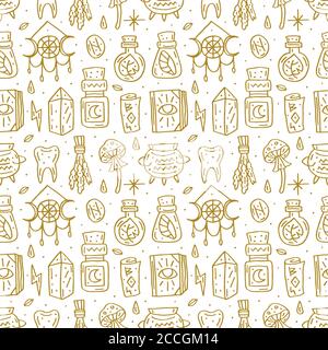 Witchcraft cute vector doodle hand drawn seamless pattern, background, texture. Isolated on white background. Different magic tools, equipment. Alchem Stock Vector