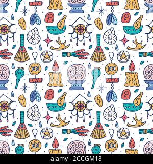 Witchcraft cute vector doodle hand drawn seamless pattern, background, texture. Isolated on white background. Different magic tools, equipment. Alchem Stock Vector