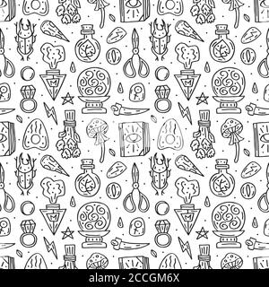 Witchcraft cute vector doodle hand drawn seamless pattern, background, texture. Isolated on white background. Different magic tools, equipment. Alchem Stock Vector