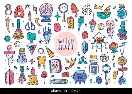 Witchcraft cute vector doodle hand drawn big clip art, set of design elements, icons, stickers. Colorful design. Isolated on white background. Differe Stock Vector