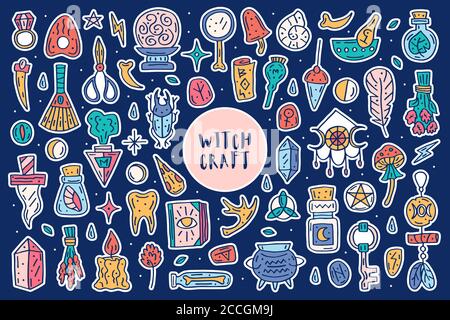 Witchcraft cute vector doodle hand drawn big clip art, set of design elements, icons, stickers. Colorful design. Isolated on white background. Differe Stock Vector