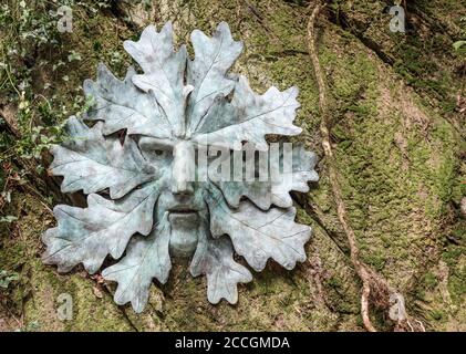 Tim Shaw’s sculpture. The Green Man. found near the Bath House Quarry Pool at Anthony Woodlands, Torpoint Cornwall. An appropriate home for the piece Stock Photo