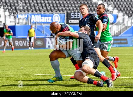 London, UK. 22nd Aug, 2020. Paul Lasike of Harlequins drives for the try line during the Gallagher Premiership Rugby match between Saracens and Harlequins at the Allianz Park, London, England on 22 August 2020. Photo by Phil Hutchinson. Editorial use only, license required for commercial use. No use in betting, games or a single club/league/player publications. Credit: UK Sports Pics Ltd/Alamy Live News Stock Photo