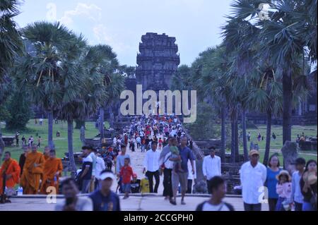 Angkor Wat is crowded for the 1st time in months for the re-scheduled Cambodian New Year. Cambodian New Year is in April, but was canceled this year due to the coronavirus pandemic. Angkor Archaeological Park, Siem Reap Province, Cambodia. August 22nd, 2020. © Kraig Lieb Stock Photo