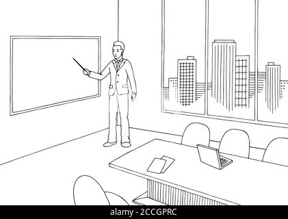 Office meeting room interior black white graphic sketch illustration vector. Man standing Stock Vector