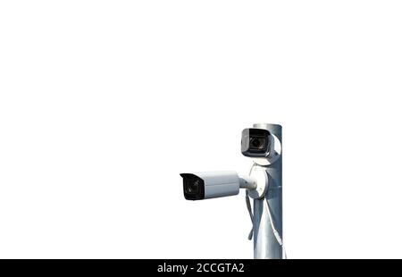 Two cctvs on metal pole isolated on white background Stock Photo