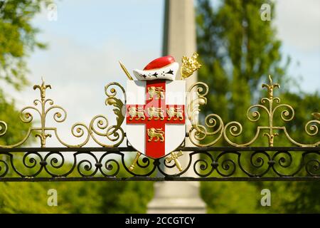 Three Lions coats of arms on top of the gates of Memorial Gardens, York, North Yorkshire, England, United Kingdom. Stock Photo