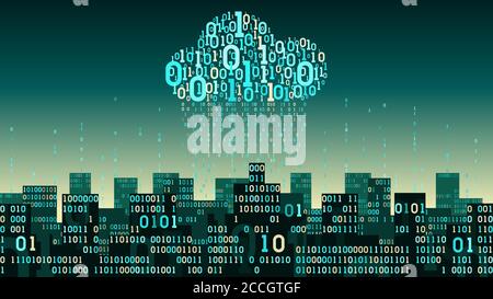 Abstract futuristic smart city with the Internet of things and artificial intelligence, connected to cloud storage of big data, binary rain - data str Stock Vector