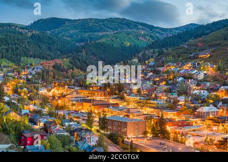 Park City, Utah, USA downtown in autumn at dusk. Stock Photo