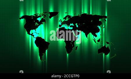 Brightly highlighted abstract world map on a green grid background Stock Vector