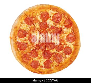 fresh italian classic pepperoni pizza isolated on white background with clipping path. Top view Stock Photo