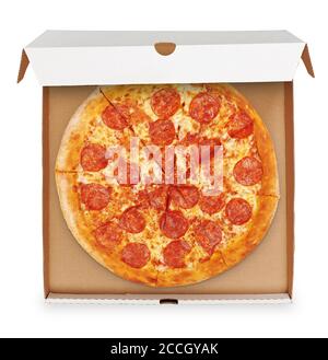pepperoni pizza in an opened box isolated on white background. Clipping path Stock Photo