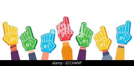Fan foam fingers. Hands up with glove with number one, stadium supporter pride accessory, football victory symbol, success vector concept Stock Vector