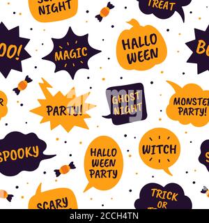 Halloween speech bubbles. Comic bubbles black and orange color with text happy halloween, magic and party, witch seamless vector pattern Stock Vector