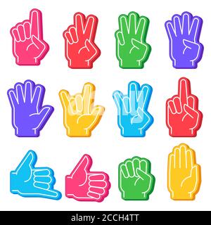 Foam fingers. Sports fan hand with different gesture. Numbers, ok sign and fist, open palm. Stadium team support victory souvenir vector set Stock Vector