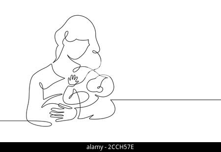 Mother and baby line. Mom hugs child. Motherhood and newborn concept. Happy woman holds toddler continuous one line vector illustration Stock Vector