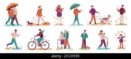 People in autumn. Couple with umbrella in rain, young and old man, woman walk autumn park. Fall season active lifestyle vector set Stock Vector
