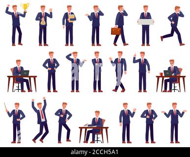 Businessman. Manager busy workplace, shows presentation, works on pc, goes and speaks on phone, success career cartoon vector characters Stock Vector