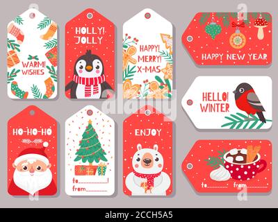 Christmas tag. Winter holiday xmas gift labels with cute characters santa, bear and bullfinch, penguin and festive lettering vector set Stock Vector