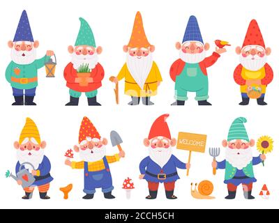 Gnome characters. Cute gnomes with beard funny garden decoration, adorable dwarfs with lantern, watering can and flowers cartoon vector set Stock Vector