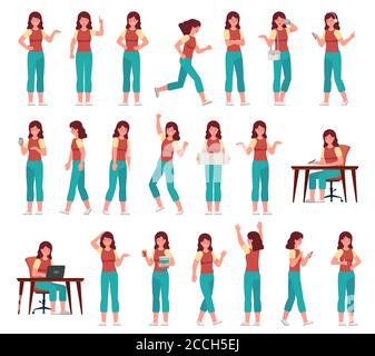 Cartoon woman in casual outfit. Young female character in different poses. Student with various gestures, face expression vector set Stock Vector