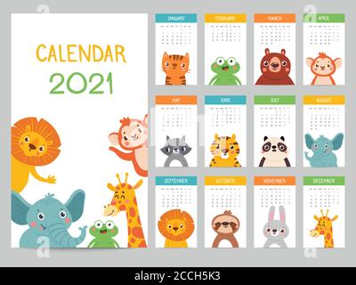 Animals calendar 2021. Cute monthly calendar with different animals, funny woodland and savanna characters, childrens poster vector almanac Stock Vector