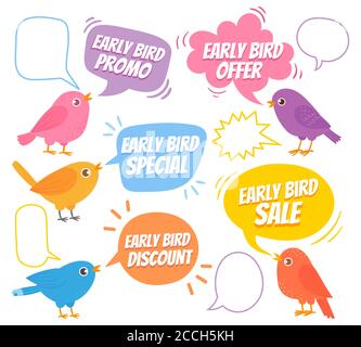 Early birds. Trendy design with bird and speech bubble, special offer sale, promotion market, discount advertising price cartoon vector set Stock Vector