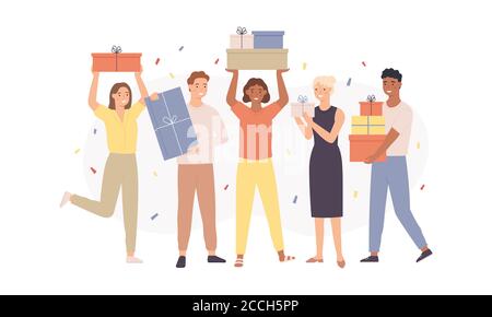 Happy people with gifts. Fun women and men holding gift boxes with presents, young guys congratulate friend, birthday party vector concept Stock Vector