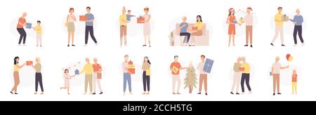 People with gifts. Various characters give and receive gift, romantic surprise, happy persons celebrating holidays, cartoon vector set Stock Vector