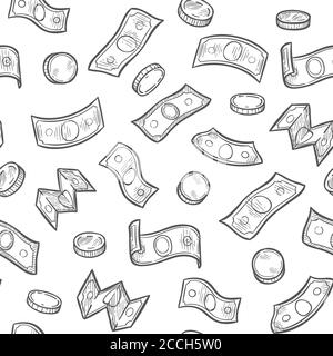 Money rain seamless pattern. Sketch dollar banknotes and coins, falling cash win lottery casino, financial luck wallpaper vector texture Stock Vector