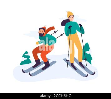 Winter activities. People skiing. Couple spending time together actively outdoor, having leisure with equipment Stock Vector