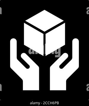 Handle with care white flat icon isolated on black background. Fragile package symbol. Label vector illustration . Stock Vector