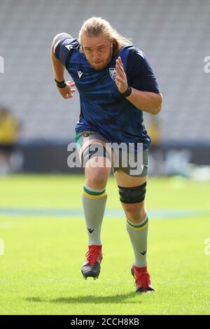 Twickenham, UK. 22nd Aug, 2020. Alexander Moon of Northampton Saints warms up during the Gallagher Premiership Rugby match between London Irish and Northampton Saints at Twickenham Stoop, Twickenham, England on 22 August 2020. Photo by Ken Sparks. Editorial use only, license required for commercial use. No use in betting, games or a single club/league/player publications. Credit: UK Sports Pics Ltd/Alamy Live News Stock Photo