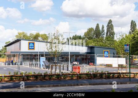 New Aldi on the site of the EKCO (from Eric Kirkham Cole Limited), British electronics company. Delayed due to COVID-19 Coronavirus. Construction Stock Photo
