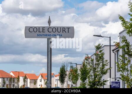 Cole Court on the site of the EKCO (from Eric Kirkham Cole Limited), British electronics company. Bellway Ekco Park. Purple Bricks for sale Stock Photo