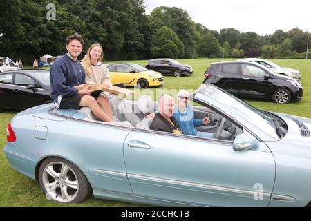 Ayr, Ayrshire, Scotland, UK, 22 August 2020 : Drive in movies come to Rozelle Park in Ayr. Families watching Grease starring John Tavolta & Oliva Newton John from the comfort of their cars  Alister Firth / Alamy Life News Stock Photo