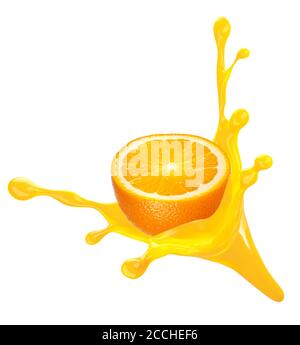 An orange splash. concept of orange with juice, isolated on white background. Clipping path. Stock Photo