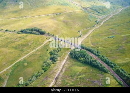 Train viaduct railway bridge at Tyndrum aerial view Stock Photo