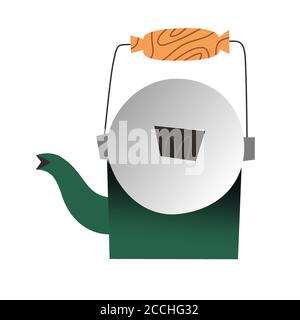 Doodle kettle, classic metal teapot for boiling water. household kitchen utensil, isolated vector icon on white background, doodle hand drawn Stock Vector