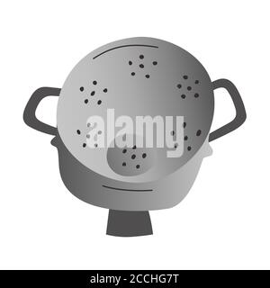 Doodle colander, perforated metal cullender to strain pasta or rinse vegetables. household utensil, isolated vector icon on white background, doodle Stock Vector