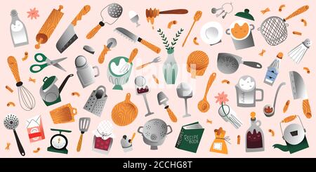 Cooking utensils set, kitchenware collection, pan, knifes and fork, hand drawn vector isolated cartoon illustrations, colored cliparts, metal and Stock Vector